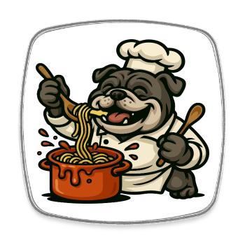 Bulldog Chef Cooking Pasta Happy Cartoon Design - Square fridge magnet - white - Front