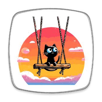 Chat sur balançoire au coucher du soleil - Magnet carré - blanc - Devant