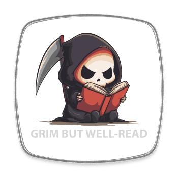 Lesender Reaper – Dark Cute Humor - Viereckiger Kühlschrankmagnet - Weiß - Vorne