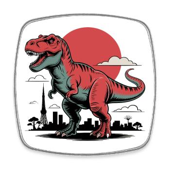 Stadt Skyline Mit T-Rex und Sonne im Hintergrund - Viereckiger Kühlschrankmagnet - Weiß - Vorne