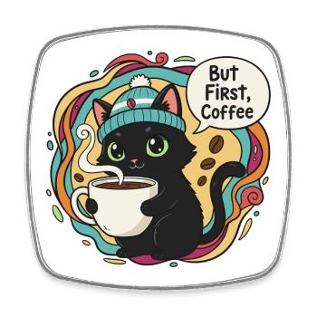 Kaffeezeit Katze mit Mütze - Viereckiger Kühlschrankmagnet - Weiß - Vorne