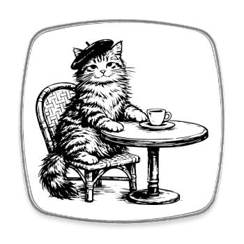 Cat at the Café with Beret - Vintage Retro Design - Square fridge magnet - white - Front