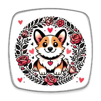 Corgi Floral Heart Circle - Square fridge magnet - white - Front
