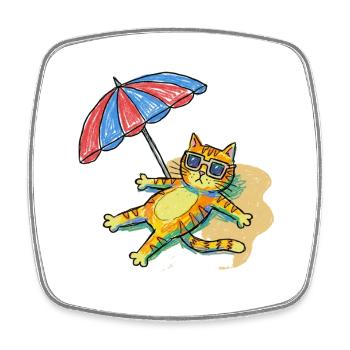 Colorful beach cat with parasol - Square fridge magnet - white - Front