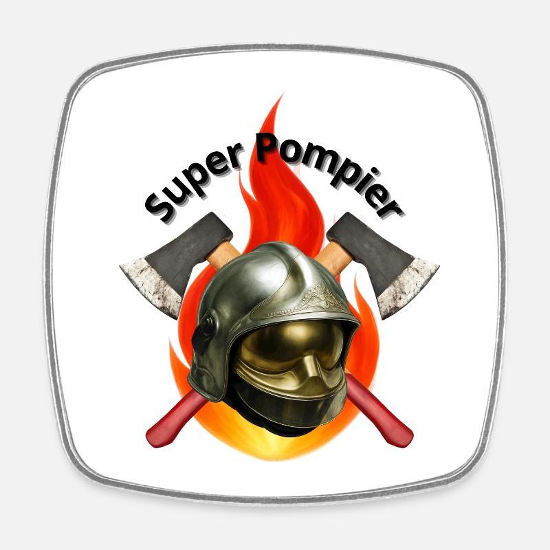 A flaming firefighter's helmet and axes - Square fridge magnet - white
