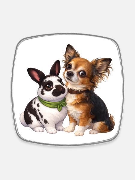 Lapins nains Paulinchen et Chihuahua Dexter - Magnet carré - blanc