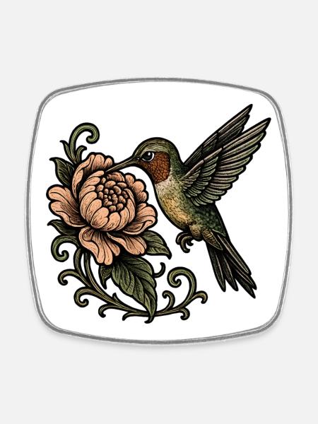 Colibri avec un tatouage vintage rose - Magnet carré - blanc
