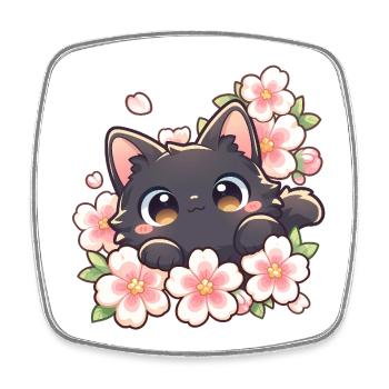 Cute Black Cat & Cherry Blossoms – Kawaii Sakura - Square fridge magnet - white - Front
