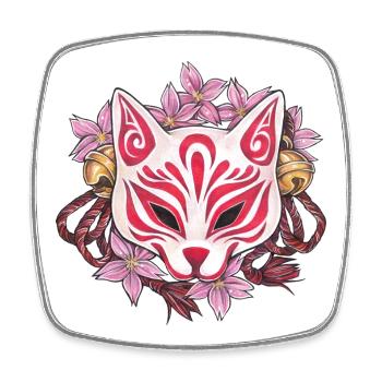 Great Kitsune Inari Kabuki Mask with Cherry Blossoms - Square fridge magnet - white - Front