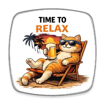 Chat relaxant au coucher de soleil avec de la bière - Magnet carré - blanc - Devant