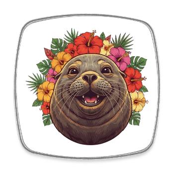 Seal with hibiscus flower wreath - Square fridge magnet - white - Front
