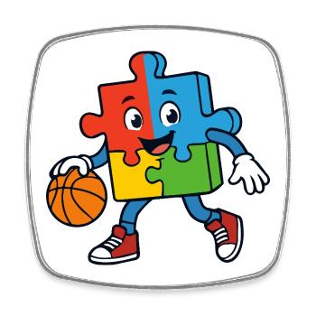 Une pièce de puzzle colorée dribble au basket - Magnet carré - blanc - Devant