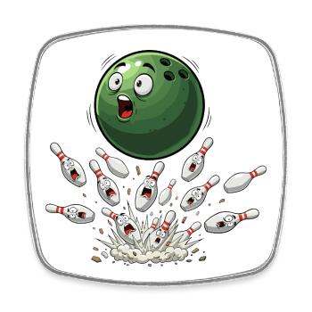 Grüne Bowlingkugel trifft Pins - Viereckiger Kühlschrankmagnet - Weiß - Vorne
