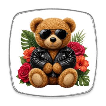Biker-Teddybär mit Blüten - Viereckiger Kühlschrankmagnet - Weiß - Vorne