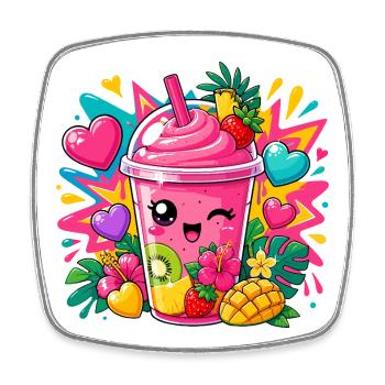 Kawaii Pink Smoothie mit Früchten - Viereckiger Kühlschrankmagnet - Weiß - Vorne