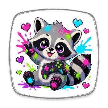 Bunter Raccoon mit Controller - Viereckiger Kühlschrankmagnet - Weiß - Vorne