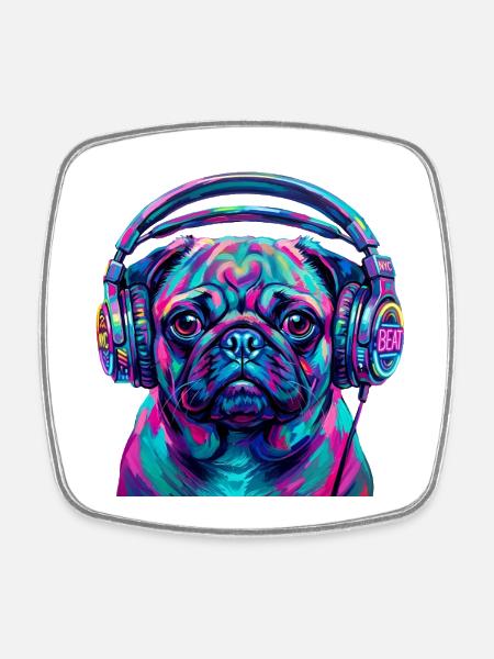 Carlin pop art avec des écouteurs néon DJ Dog - Magnet carré - blanc