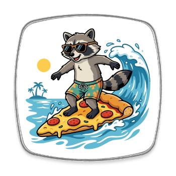 Waschbär Surfpizza Abenteuer Salami Pizza Surfer - Viereckiger Kühlschrankmagnet - Weiß - Vorne