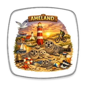 Côte de la plage d’Ameland : phoques et phare - Magnet carré - blanc - Devant