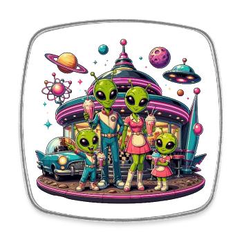 Alien Familie im Space-Diner - Viereckiger Kühlschrankmagnet - Weiß - Vorne