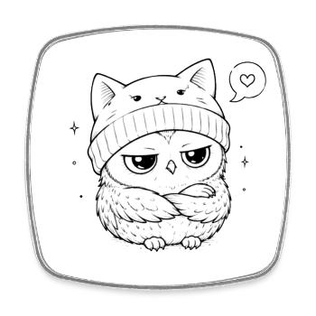 Hibou grondeur en bonnet chat - Magnet carré - blanc - Devant