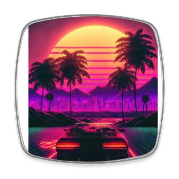 Retro Ride: Auf den Synthwave-Wellen der Sonne - Viereckiger Kühlschrankmagnet - Weiß - Vorne