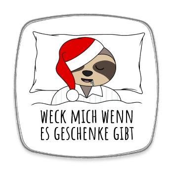 Weck mich wenn es Geschenke gibt Faultier im Bett - Viereckiger Kühlschrankmagnet - Weiß - Vorne