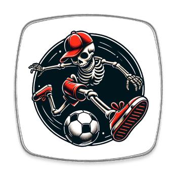 Lustiges Skelett mit Basecap spielt Fussball - Viereckiger Kühlschrankmagnet - Weiß - Vorne