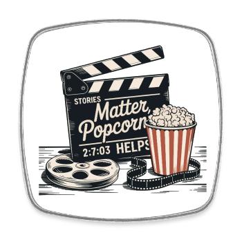 Stories Matter, Popcorn Helps - Square fridge magnet - white - Front
