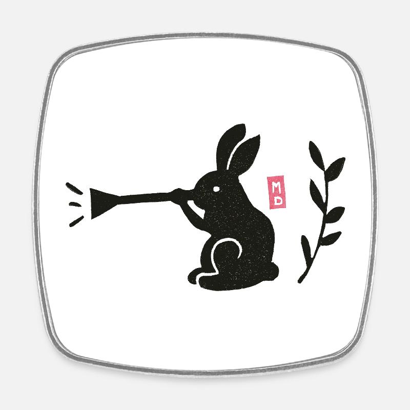 Rabbit Playing Trumpet - Linocut - Square fridge magnet - white