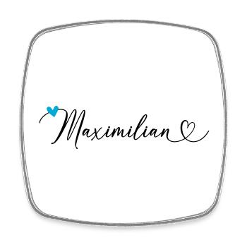 Maximilian Last name First name Calligraphy heart - Square fridge magnet - white - Front