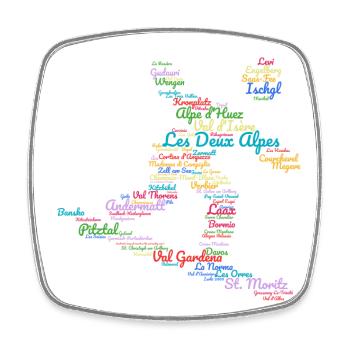 Stations de ski Alpes, nuage de mots, snowboard - Magnet carré - blanc - Devant