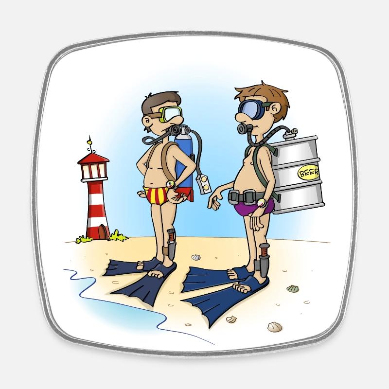 Funny drawing about diving and beer drinking - Square fridge magnet - white