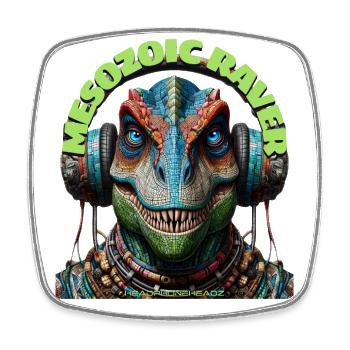 MESOZOIC RAVER - Cool T-Rex with Headphones! - Square fridge magnet - white - Front
