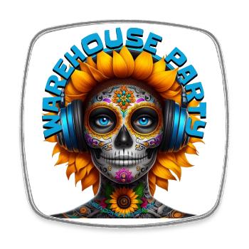 WAREHOUSE PARTY - Cool Sunflower with Headphones! - Square fridge magnet - white - Front