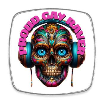 PROUD GAY RAVER - Cool Skull with Headphones! - Square fridge magnet - white - Front