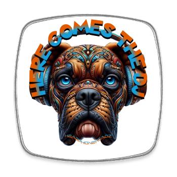 HERE COMES THE DJ – Cool Boxer Dog with Headphones - Square fridge magnet - white - Front