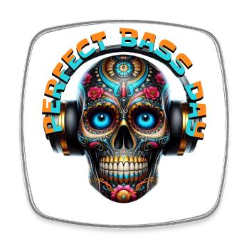 PERFECT BASS DAY - Cool Skull with Headphones! - Square fridge magnet - white - Front