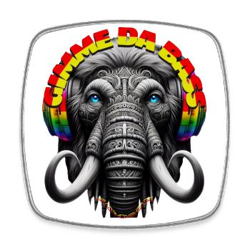 GIMME DA BASS - Cool Mammoth with Headphones! - Square fridge magnet - white - Front