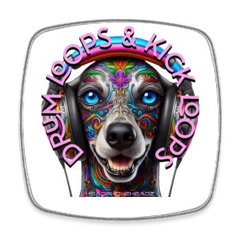 DRUM LOOPS & KICK LOOPS - Cute Dog with Headphones - Square fridge magnet - white - Front
