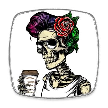Frau Skelett mit Kaffe - Viereckiger Kühlschrankmagnet - Weiß - Vorne