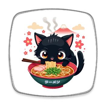 Cute Japanese Cat Eating Ramen Noodle Dish - Square fridge magnet - white - Front