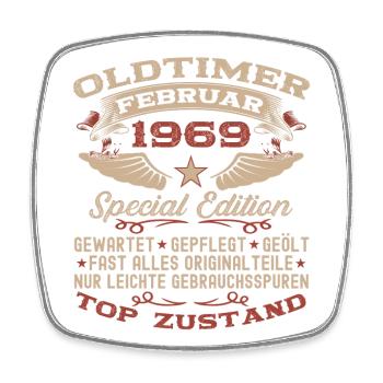Oldtimer Februar Jahrgang 1969 Mann 54. Geburtstag - Viereckiger Kühlschrankmagnet - Weiß - Vorne