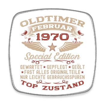 Oldtimer Februar Jahrgang 1970 Mann 53. Geburtstag - Viereckiger Kühlschrankmagnet - Weiß - Vorne