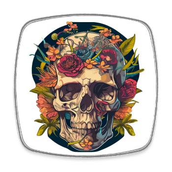 Human Skull & Flowers 18 - Square fridge magnet - white - Front