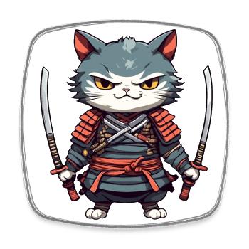 Chat samouraï #35 - Magnet carré - blanc - Devant
