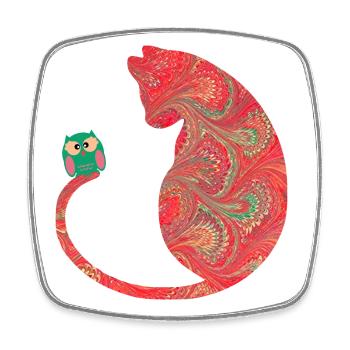 katze mit eule e 91 - Viereckiger Kühlschrankmagnet - Weiß - Vorne