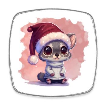 Chat de Noël, mignon et mignon avec une casquette - Magnet carré - blanc - Devant