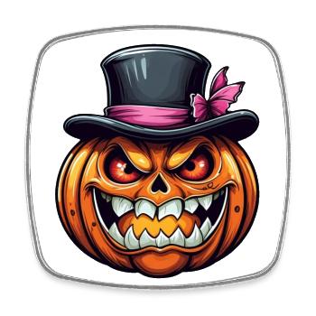Lustiger grinsender Halloween Kürbis mit Zylinder - Viereckiger Kühlschrankmagnet - Weiß - Vorne