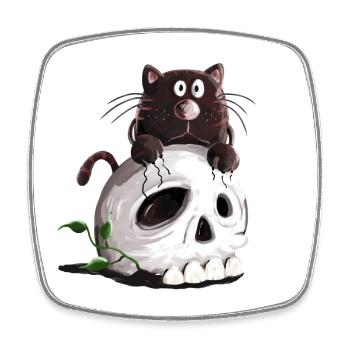 Schwarze Katze und Totenkopf Comic - Viereckiger Kühlschrankmagnet - Weiß - Vorne